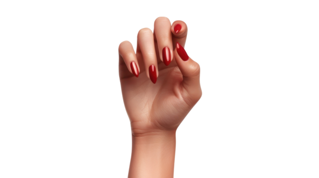Woman hand with red nail polish making a picking gesture on transparent background