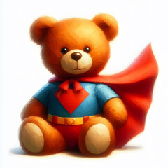 A charming illustration of a teddy bear superhero sitting with a red cape and heart on its chest, radiating cuteness and courage.