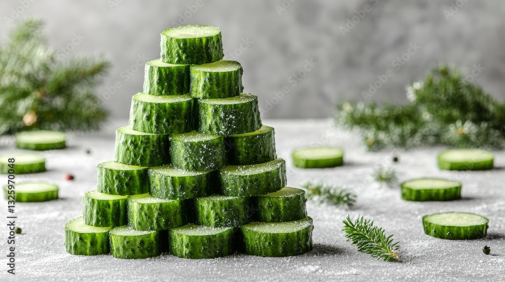 Poster a stack of fresh cucumbers, showing their cross-sections, is isolated on a pristine white background
