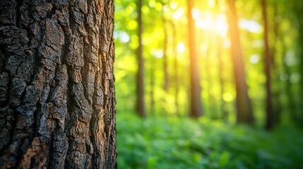 Obraz premium Sunlit Forest Scene with Tree Bark and Green Foliage