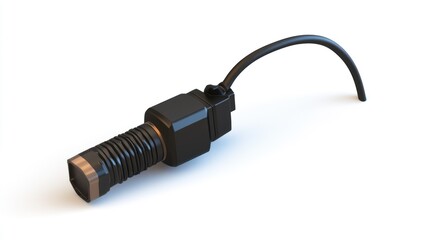 Close-up of a black automotive sensor with a wire, isolated on white background.