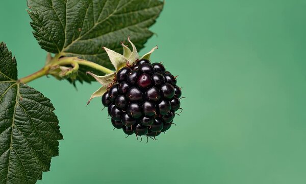 deep black glossy blackberry resting on its stem as surrounding foliage shifts subtly in breeze creating natural movement effect