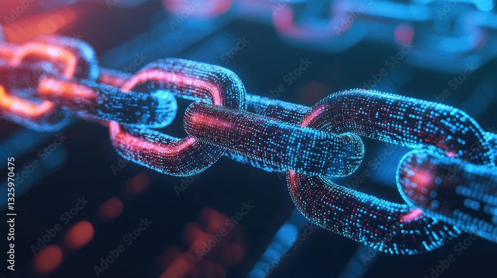 Fototapete Glowing digital chain links on a network grid, symbolizing blockchain technology, with futuristic elements and high-tech data security features