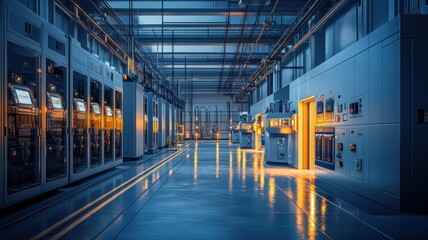 Obraz premium Futuristic power station featuring advanced equipment for efficient voltage and charge management in a modern energy landscape.