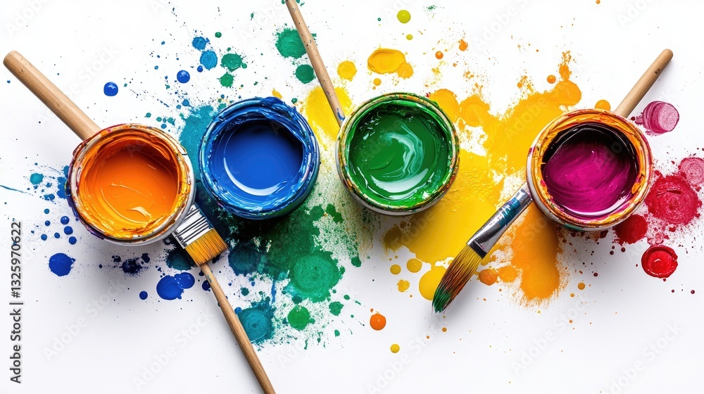 Poster open cans of colorful paint with a paintbrush and spilled dye around them, captured from a bird-eye 