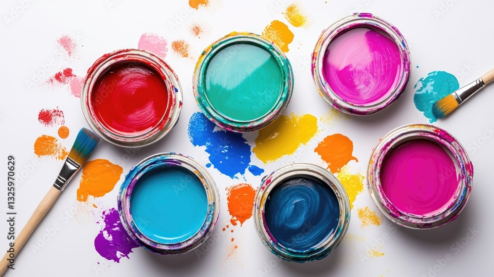 Poster open cans of colorful paint with a paintbrush and spilled dye around them, captured from a bird-eye 
