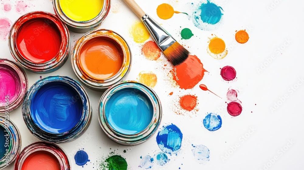 Poster open cans of colorful paint with a paintbrush and spilled dye around them, captured from a bird-eye 