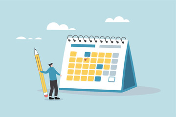 Calendar schedule, event or meeting reminder, date time planning, work deadline or appointment, due date organizer weekly review concept, businessman hold pencil thinking with calendar schedule plan.