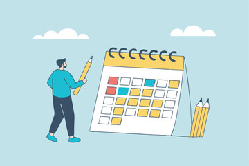 Calendar schedule, event or meeting reminder, date time planning, work deadline or appointment, due date organizer weekly review concept, businessman hold pencil thinking with calendar schedule plan.