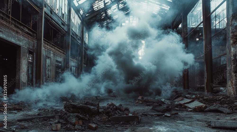 Poster smoke billowing into the air inside a destroyed industrial building after demolition, creating a dra