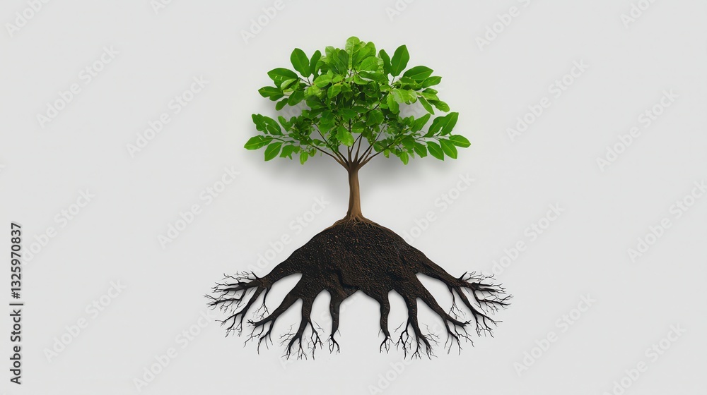 Poster a vibrant tree with lush green leaves and extensive roots on a light background, symbolizing growth 