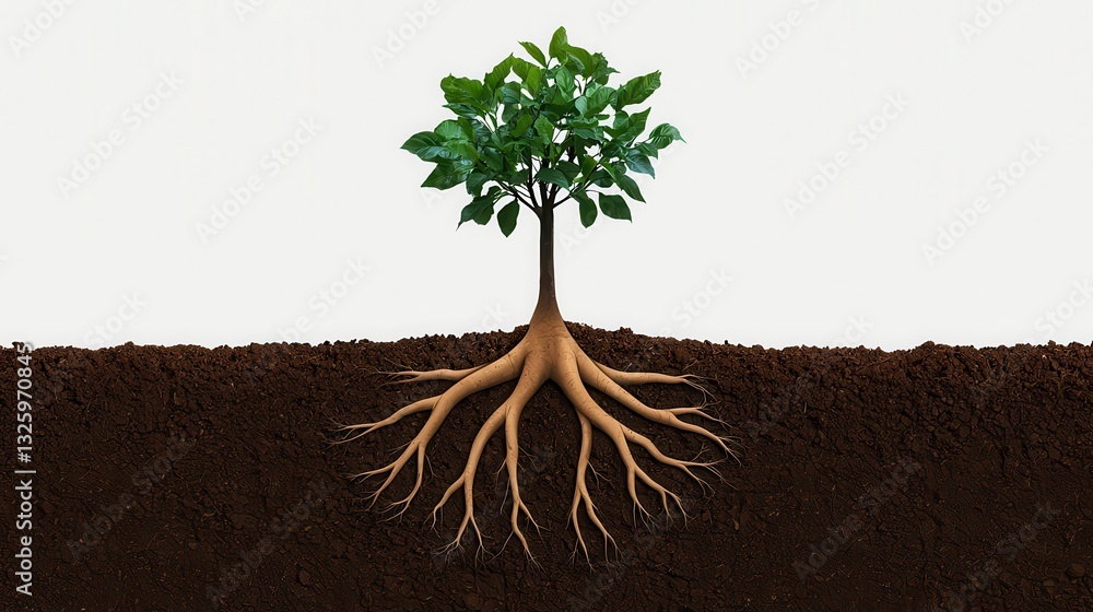 Poster A vibrant tree with roots extending into rich soil, symbolizing growth and stability.