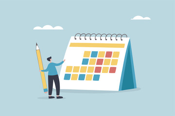 Calendar schedule, event or meeting reminder, date time planning, work deadline or appointment, due date organizer weekly review concept, businessman hold pencil thinking with calendar schedule plan.