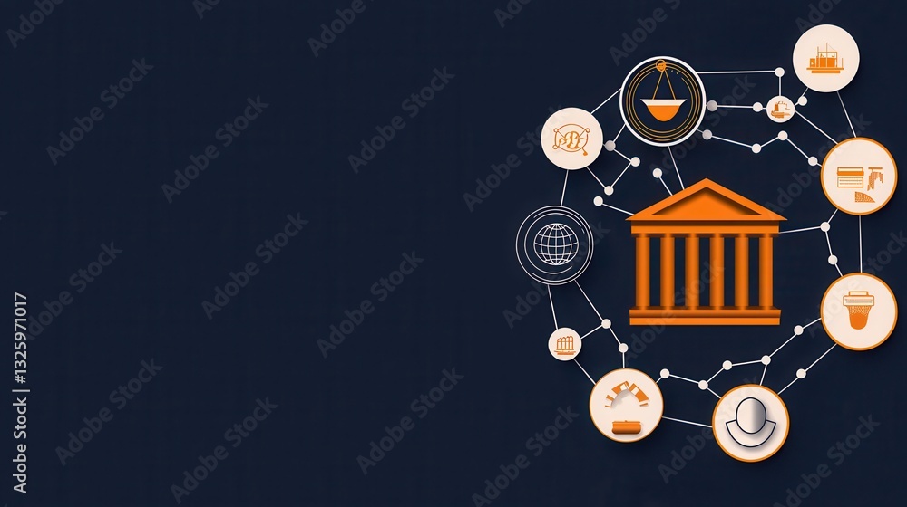Poster a graphic illustration featuring a central building icon connected to various symbols representing l