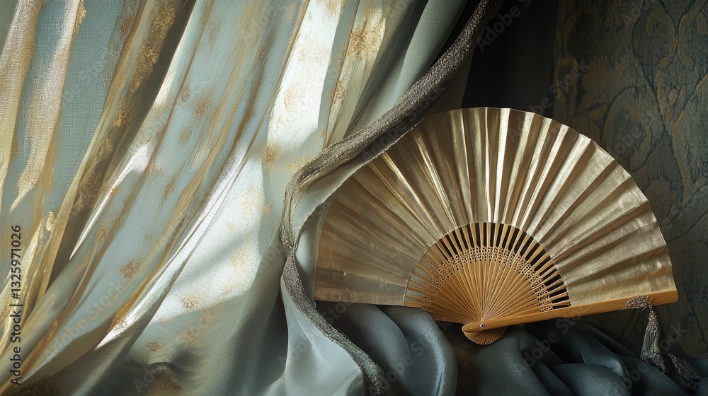 Aufkleber soft, shimmering silk textiles artfully draped with a decorative fan positioned elegantly, adding a 