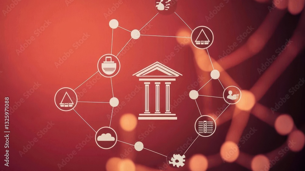 Poster a digital illustration featuring a central building surrounded by interconnected icons symbolizing f
