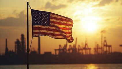 American flag flying at industrial port during sunset, symbolizing strength and freedom in US work culture, vibrant colors against industrial landscape.