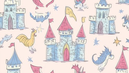 Fototapeta premium Seamless pattern featuring castles dragons stars and flags on a pastel pink background ideal for fantasy or children's designs