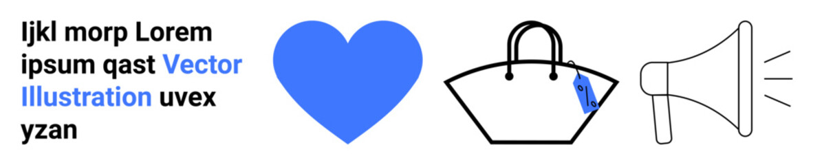 Blue heart, handbag with tag, and loudspeaker conveying love, retail, and promotion. Ideal for marketing, branding, e-commerce, advertisement customer engagement retail design flat landing page