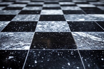 A perspective view of a glossy black and white checkered floor