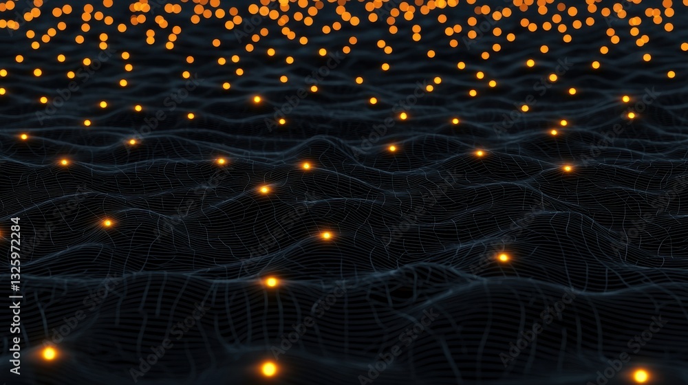 Poster A vast, dark landscape illuminated by floating orange lights, creating a mesmerizing, ethereal atmosphere that hints at depth and mystery.