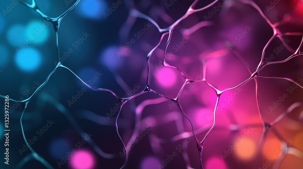 Poster A vibrant, abstract image featuring a web-like structure against a colorful, blurred background of blue and pink hues.