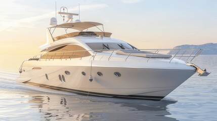 Luxury Motor Yacht Sailing on Calm Waters at Sunset with Scenic Mountain Background