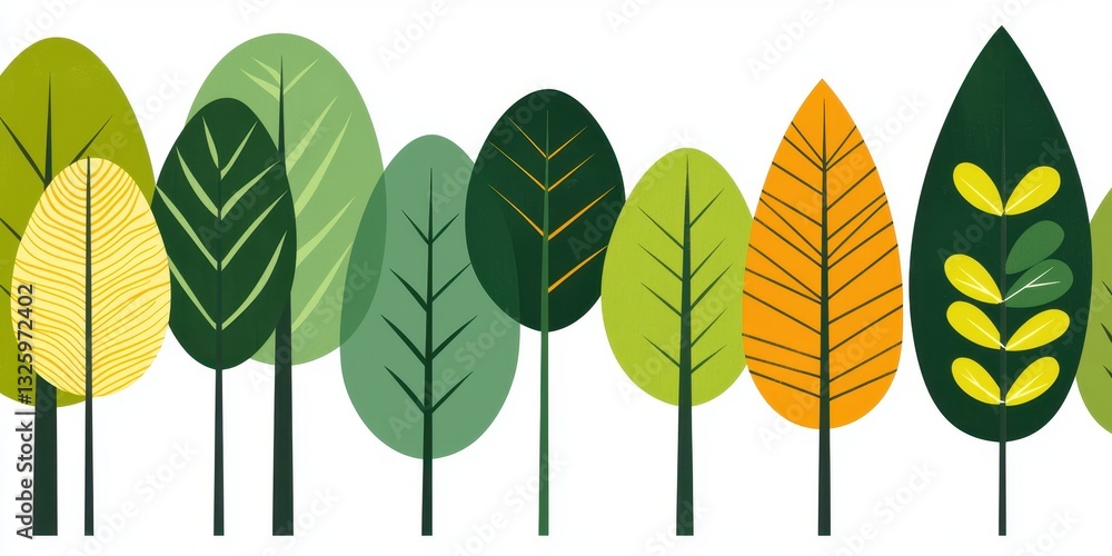 Poster a colorful illustration of various trees featuring different shapes and shades of green and yellow l