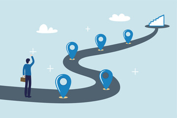 Success roadmap journey, milestone or career path achievement, route or pathway to achieve goals, accomplishment, assessment or way to success, businessman look at achievement milestone to success.