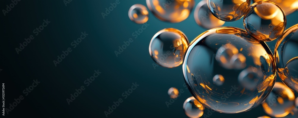 Poster a close-up of shimmering bubbles against a dark background, showcasing their translucent and reflect