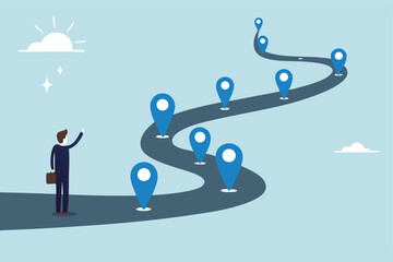 Success roadmap journey, milestone or career path achievement, route or pathway to achieve goals, accomplishment, assessment or way to success, businessman look at achievement milestone to success.