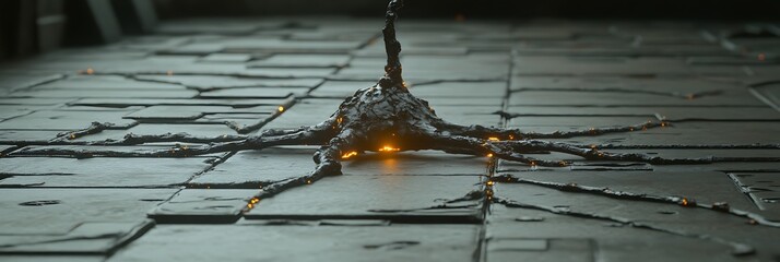 Spreading tendrils on tiled floor in dark room, with warm light behind