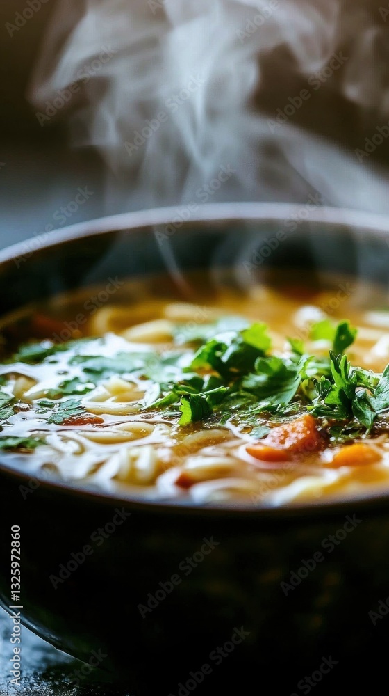 Poster close-up view of steaming bowl of soup with fresh herbs and vegetables on a wooden table