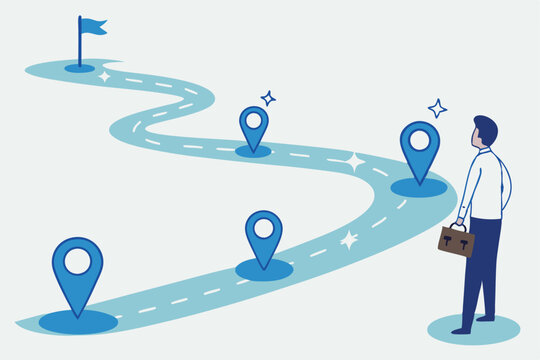 Success roadmap journey, milestone or career path achievement, route or pathway to achieve goals, accomplishment, assessment or way to success, businessman look at achievement milestone to success.
