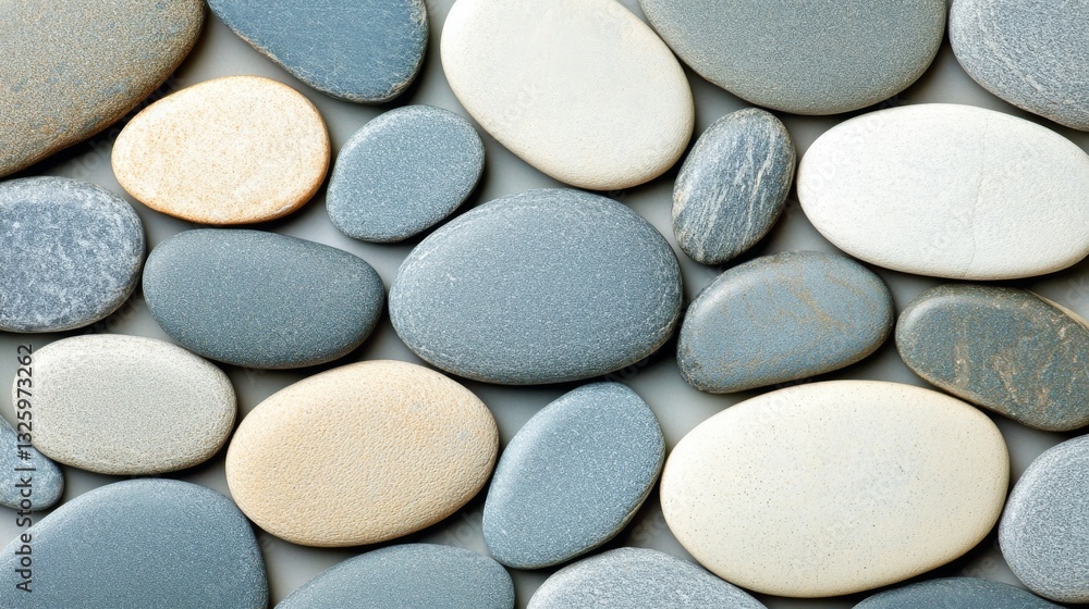 Poster white pebbles, smooth and arranged naturally, create a tranquil and minimalist texture perfect for a