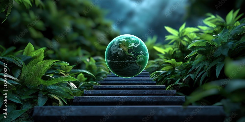 Poster a mystical scene featuring a glowing orb resting on steps surrounded by lush greenery, evoking a sen