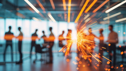 Abstract streaks of light overlay silhouettes of business professionals in a modern office setting.