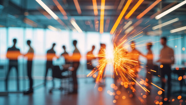 Abstract streaks of light overlay silhouettes of business professionals in a modern office setting.