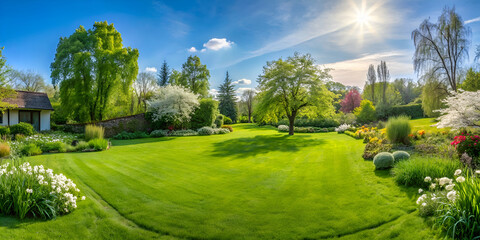 Naklejka premium Lush Green Garden Under Bright Blue Sky with Sunlight, Trees, Colorful Flowers, and Vibrant Hedges in a Serene Outdoor Landscape Setting