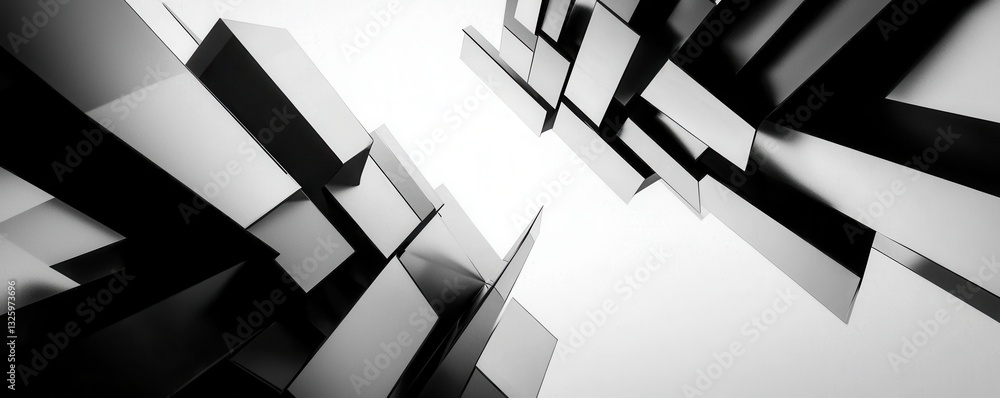 Poster a black and white abstract composition featuring geometric shapes and structures, creating a sense o