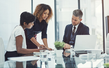 Laptop, proposal or business people in meeting with investor for review, project funding or teamwork. Brainstorming, explain or financial manager talking to consultant for collaboration or planning