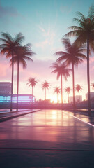 Fototapeta premium A relaxing, nostalgic scene of a futuristic city with palm trees, smooth reflections, and an 80s synthwave vibe. 