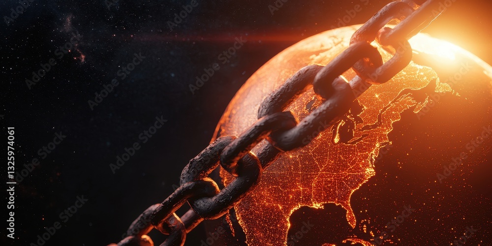 Poster a glowing earth is partially obscured by a metallic chain, symbolizing constraints or challenges fac
