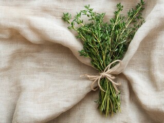 Fresh thyme bundle tied with twine on a rustic linen cloth surface