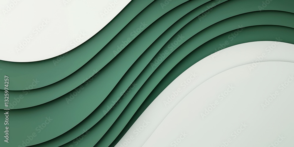 Poster A modern abstract design featuring layered green waves against a light background, creating a sense of depth and movement.