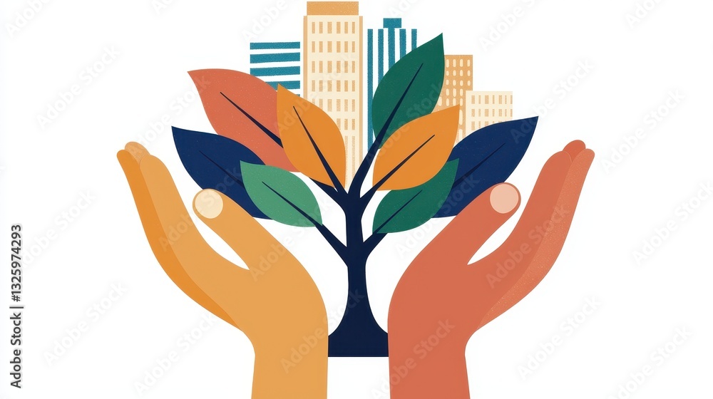 Poster a graphic showing hands nurturing a tree with colorful leaves and buildings in the background, symbo