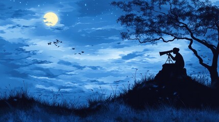 Night Sky Observation: A Silhouette Gazing at the Moon and Stars
