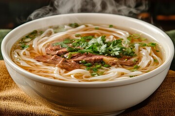 A steaming bowl of Vietnamese Pho, rich in flavor, showcasing tender beef, fresh cilantro, and scallions, resting on a textured brown surface, inviting culinary delight.