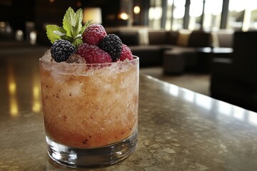 A refreshing summer cocktail with blended ice and fresh berries on a bar top, garnished with mint leaves creating an inviting and vibrant ambiance.
