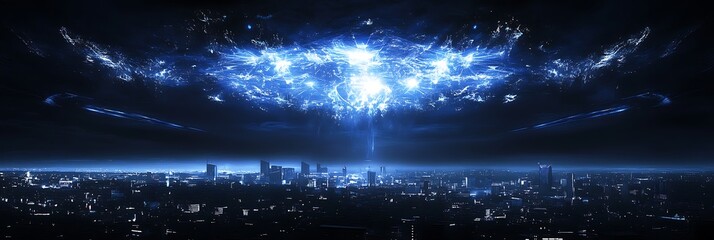 Obraz premium Blue energy over city. Future concept, sci-fi background for technology use